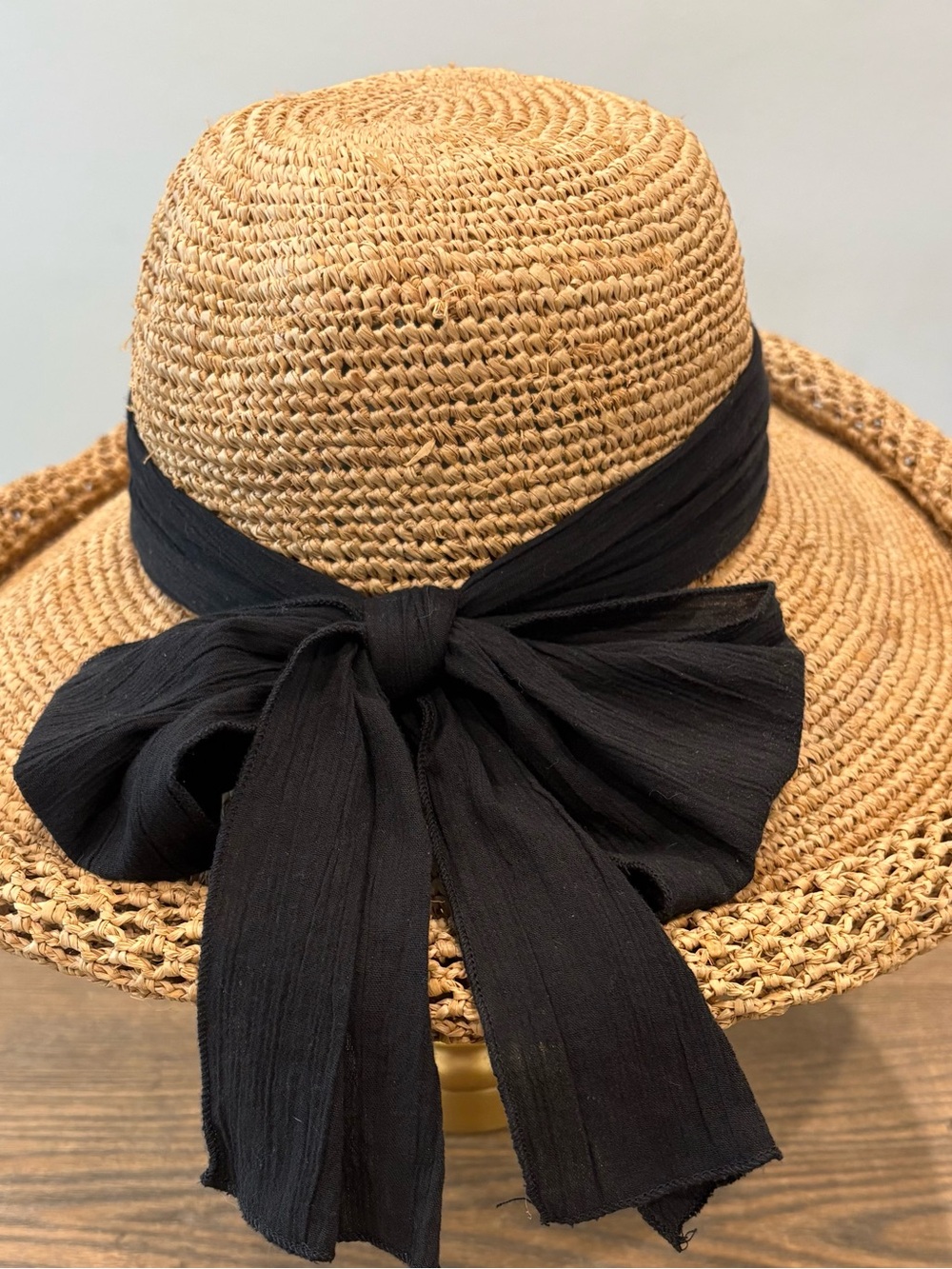Callanan Resort Natural Raffia Sun Hat / Black Bow Wide Brim Beach Hat / OS